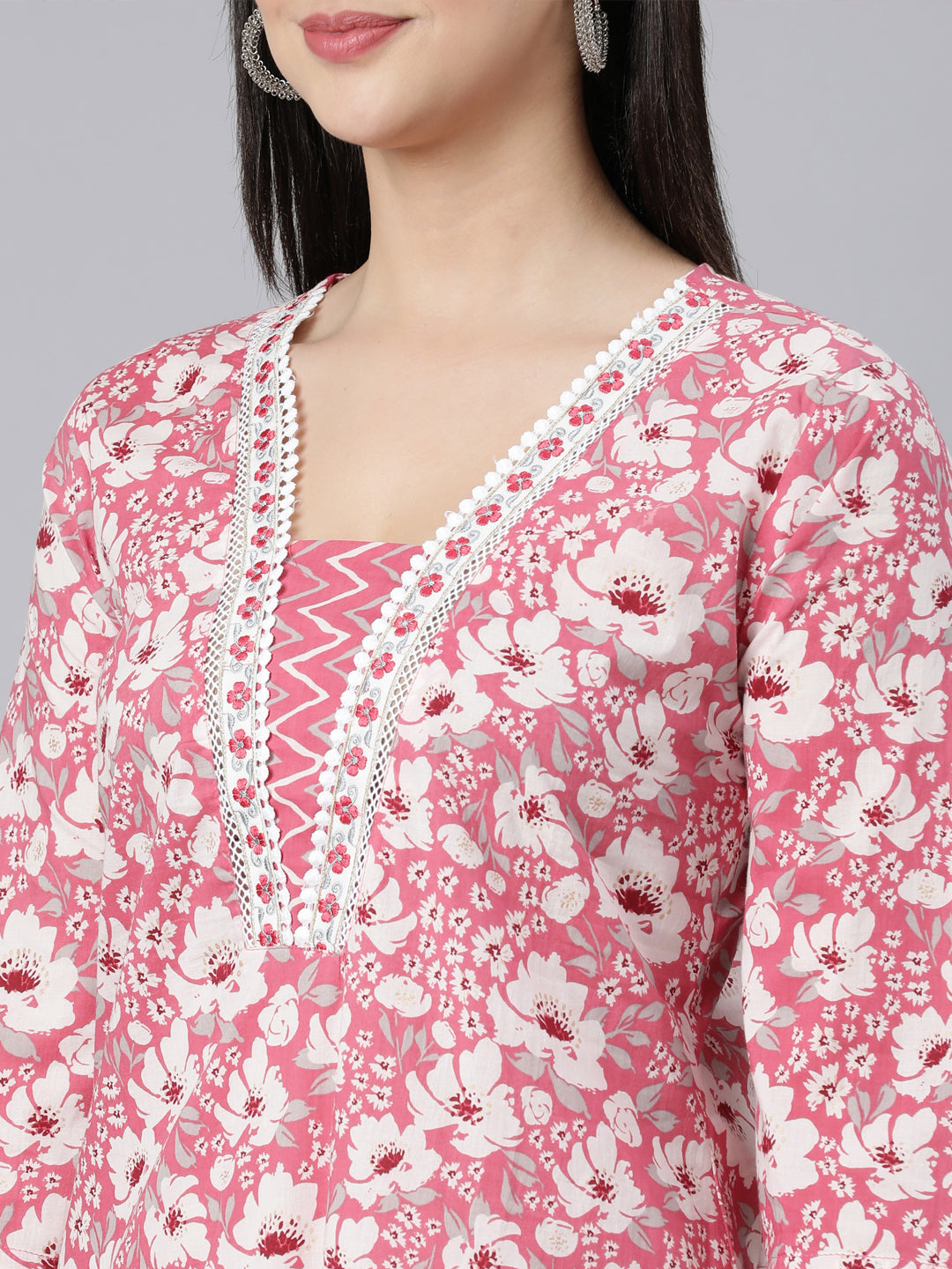 Neerus Pink Panelled Straight Printed Kurta And Trousers With Dupatta