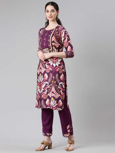 Neerus Women Purple Straight Kurta and Trousers With Dupatta