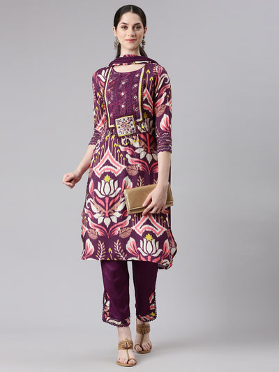 Neerus Women Purple Straight Kurta and Trousers With Dupatta