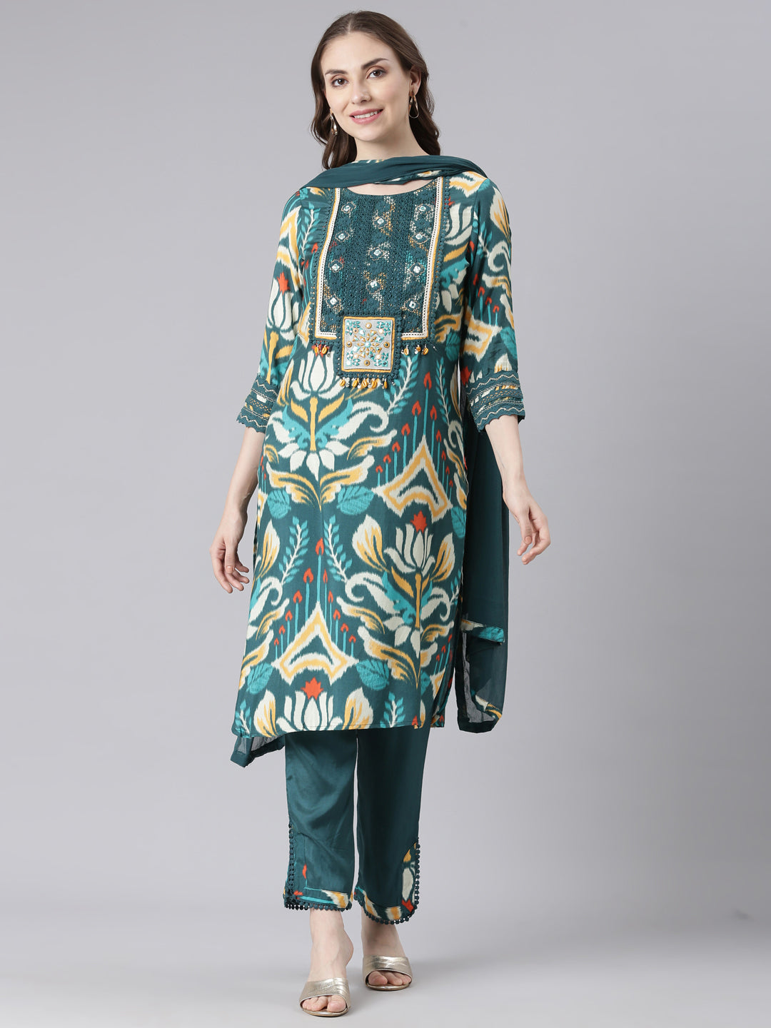 Neerus Green Mulmul Straight Casual Solid Kurta and Trouser with Dupatta