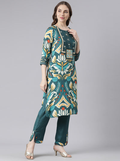 Neerus Green Mulmul Straight Casual Solid Kurta and Trouser with Dupatta