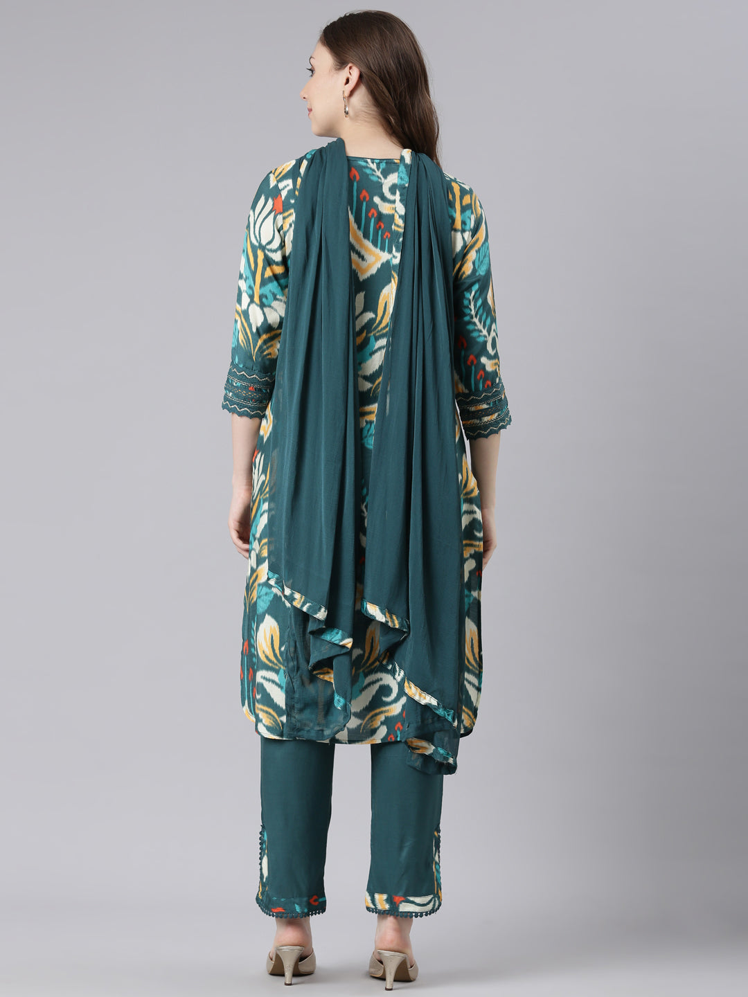 Neerus Green Mulmul Straight Casual Solid Kurta and Trouser with Dupatta