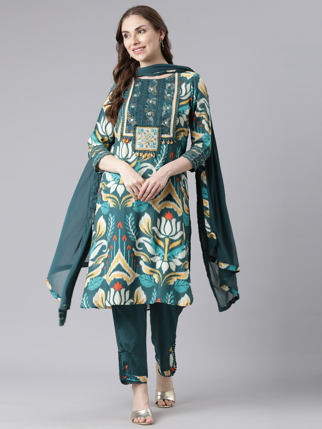 Neerus Green Mulmul Straight Casual Solid Kurta and Trouser with Dupatta