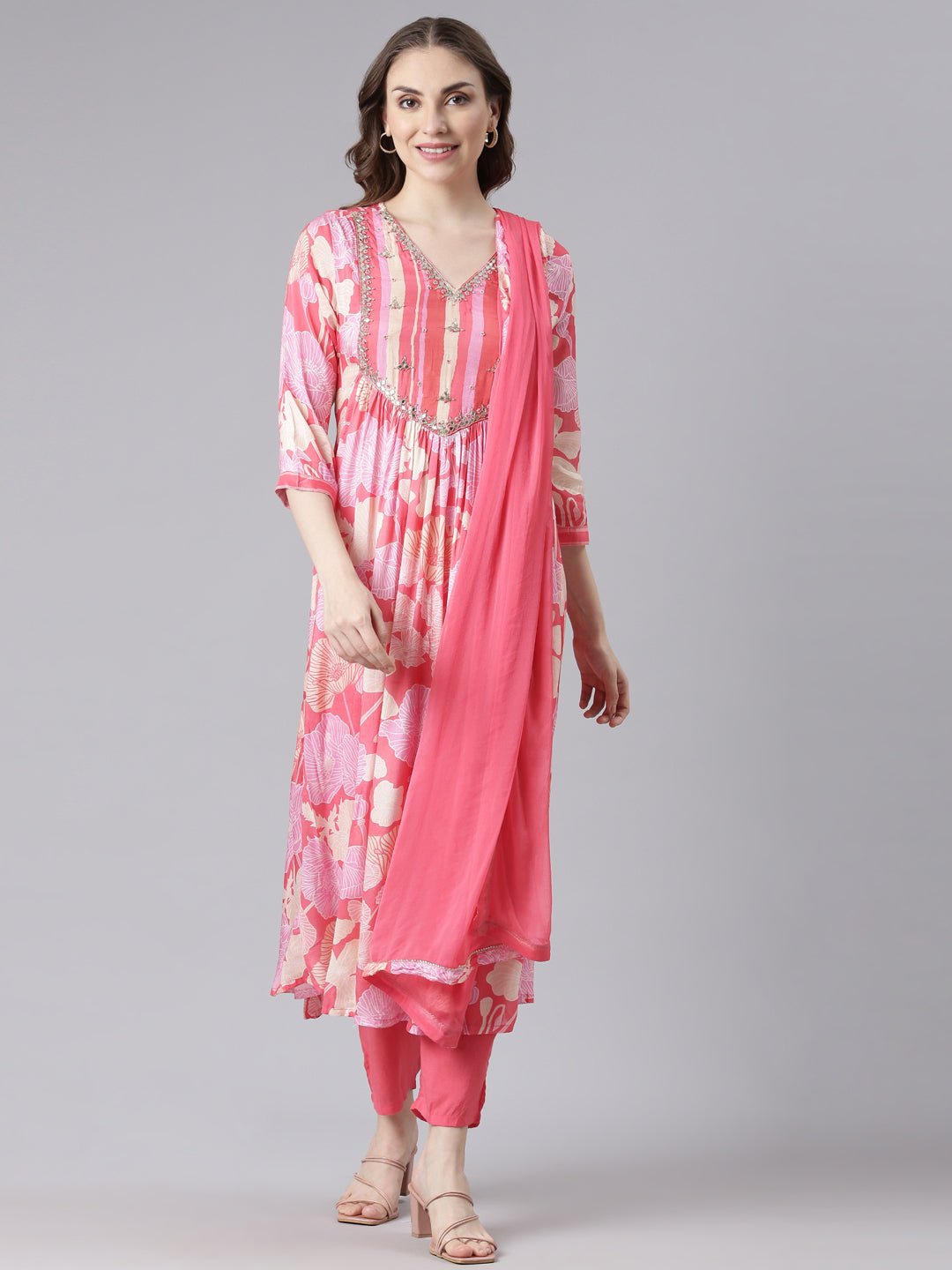 Neerus Pink Muslin Curved Casual Floral Kurta and Trouser with Dupatta