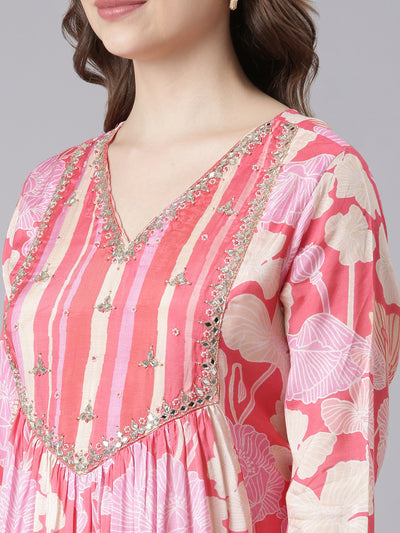 Neerus Pink Muslin Curved Casual Floral Kurta and Trouser with Dupatta