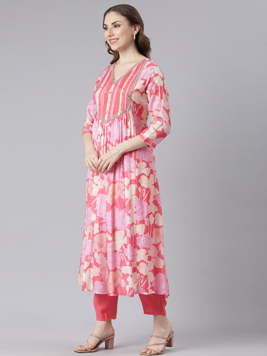 Neerus Pink Muslin Curved Casual Floral Kurta and Trouser with Dupatta