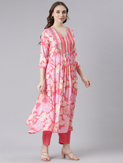 Neerus Pink Muslin Curved Casual Floral Kurta and Trouser with Dupatta