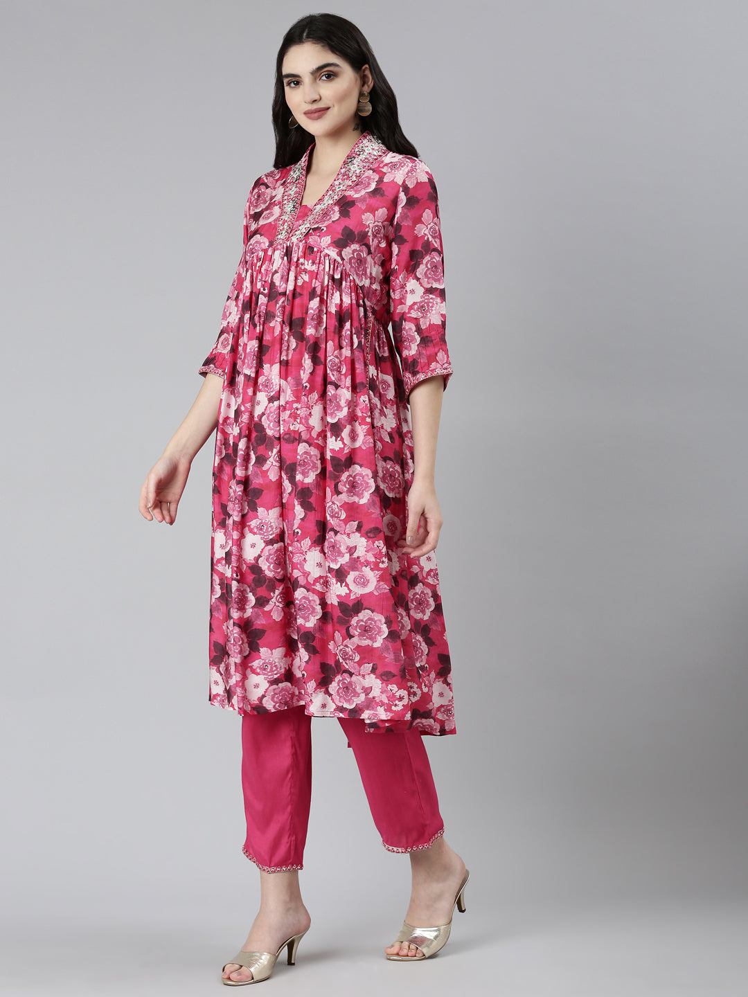 Neeru's Pink Pleated Straight Floral Kurta Sets And Trousers