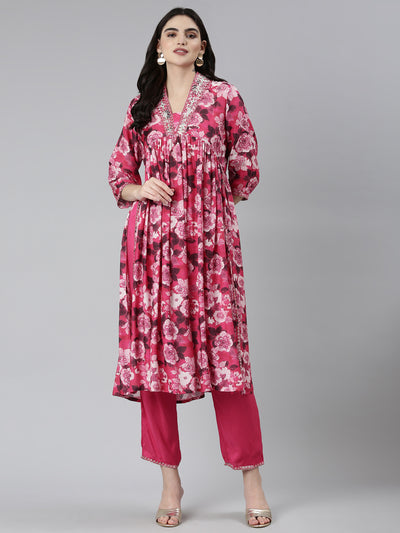 Neeru's Pink Pleated Straight Floral Kurta Sets And Trousers