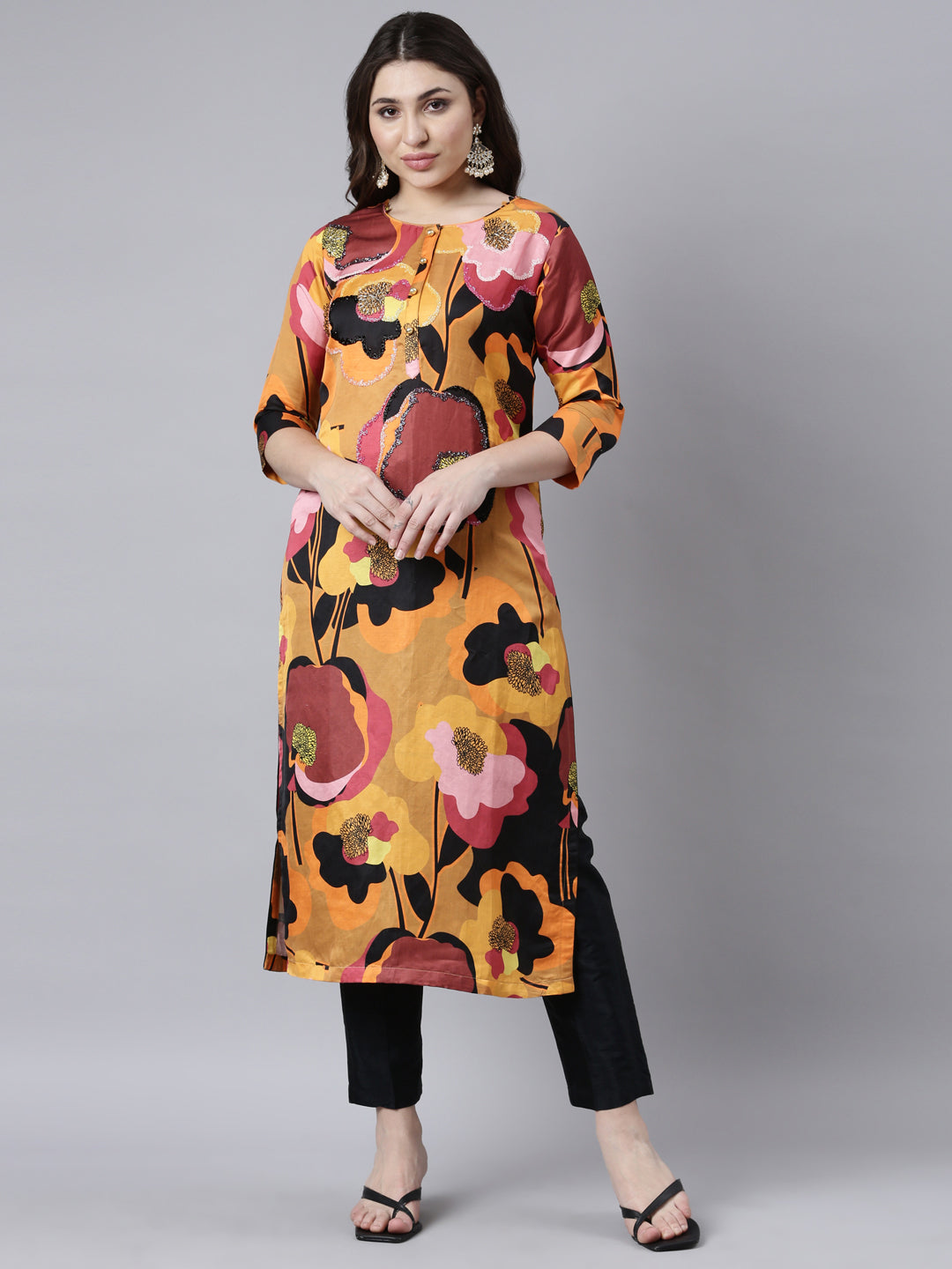 Neerus Mustard Regular Straight Floral Kurtas