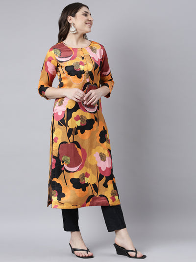 Neerus Mustard Regular Straight Floral Kurtas