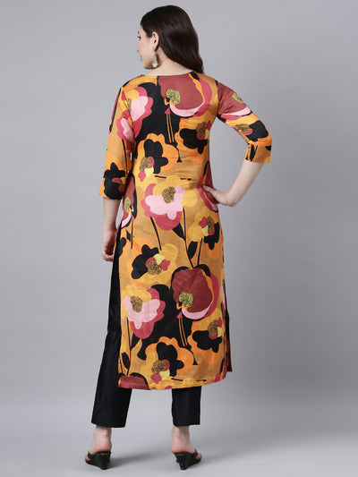 Neerus Mustard Regular Straight Floral Kurtas