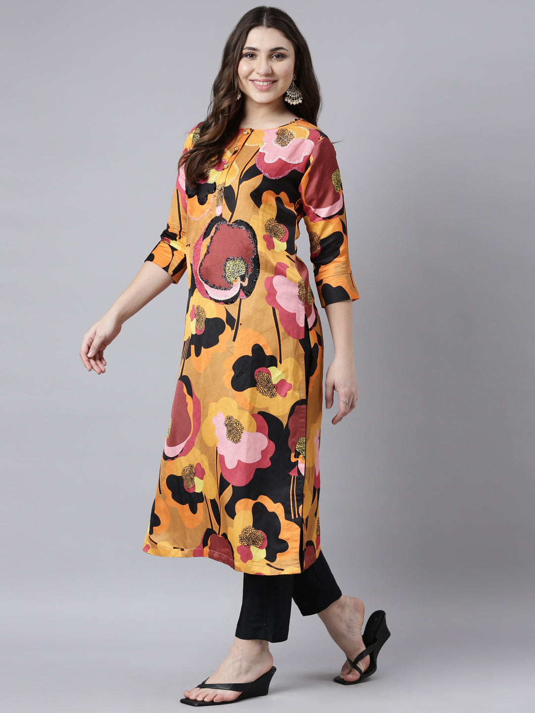 Neerus Mustard Regular Straight Floral Kurtas