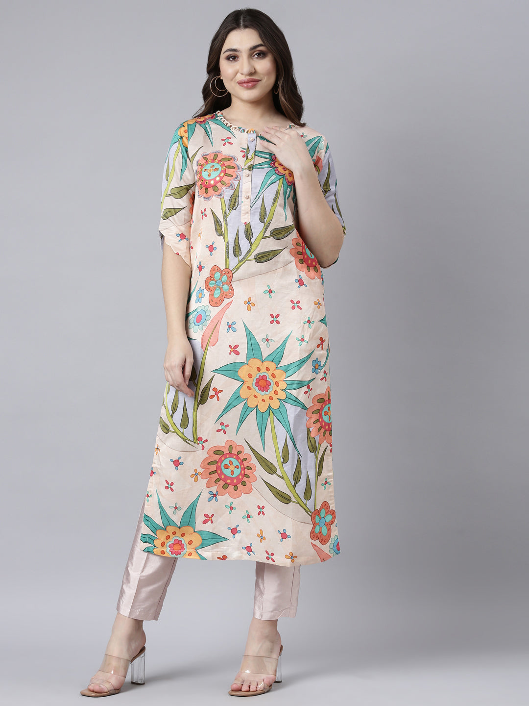 Neerus Peach Regular Straight Floral Kurtas