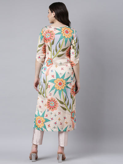 Neerus Peach Regular Straight Floral Kurtas