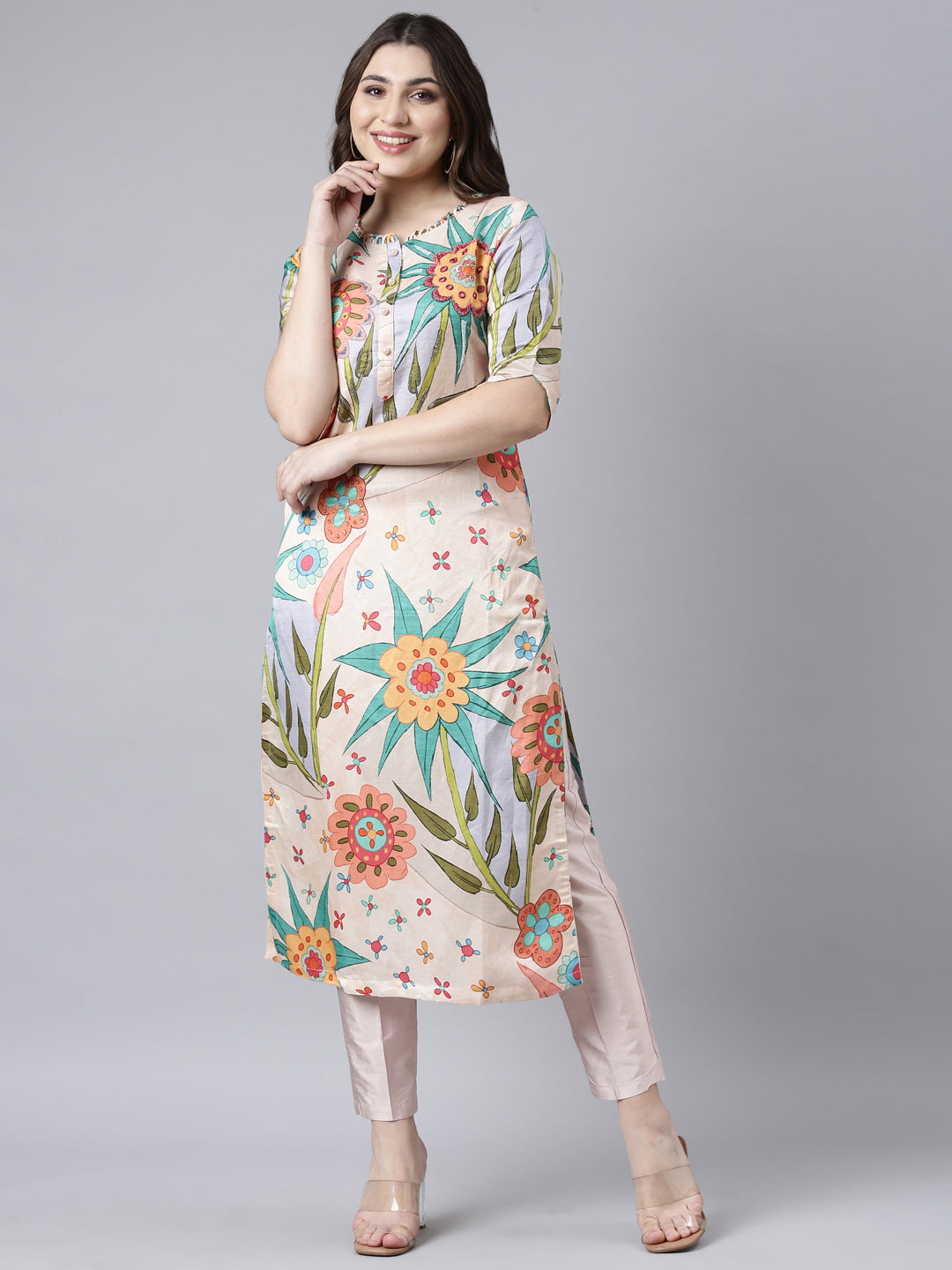 Neerus Peach Regular Straight Floral Kurtas