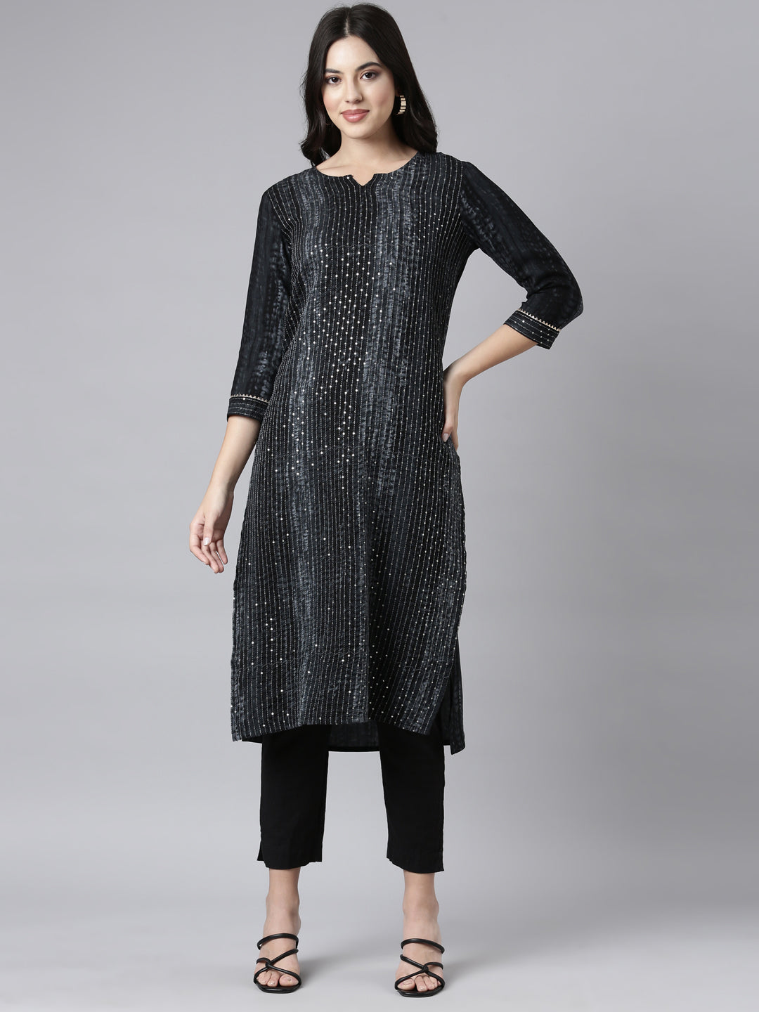 Neerus Grey Regular Straight Embellished Kurtas