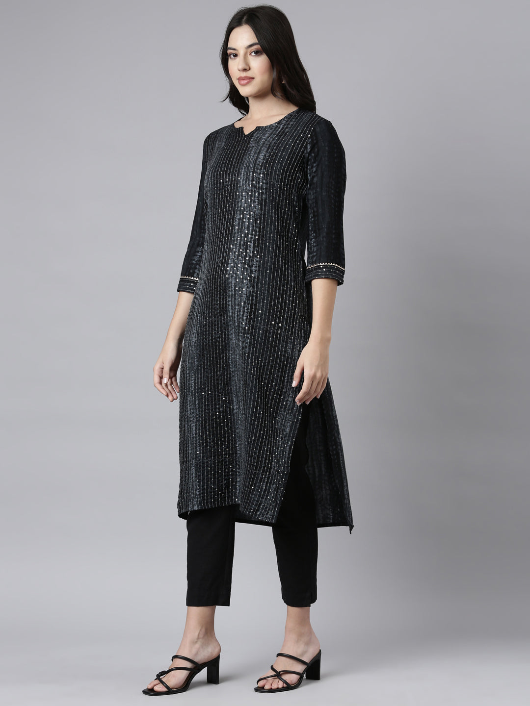 Neerus Grey Regular Straight Embellished Kurtas