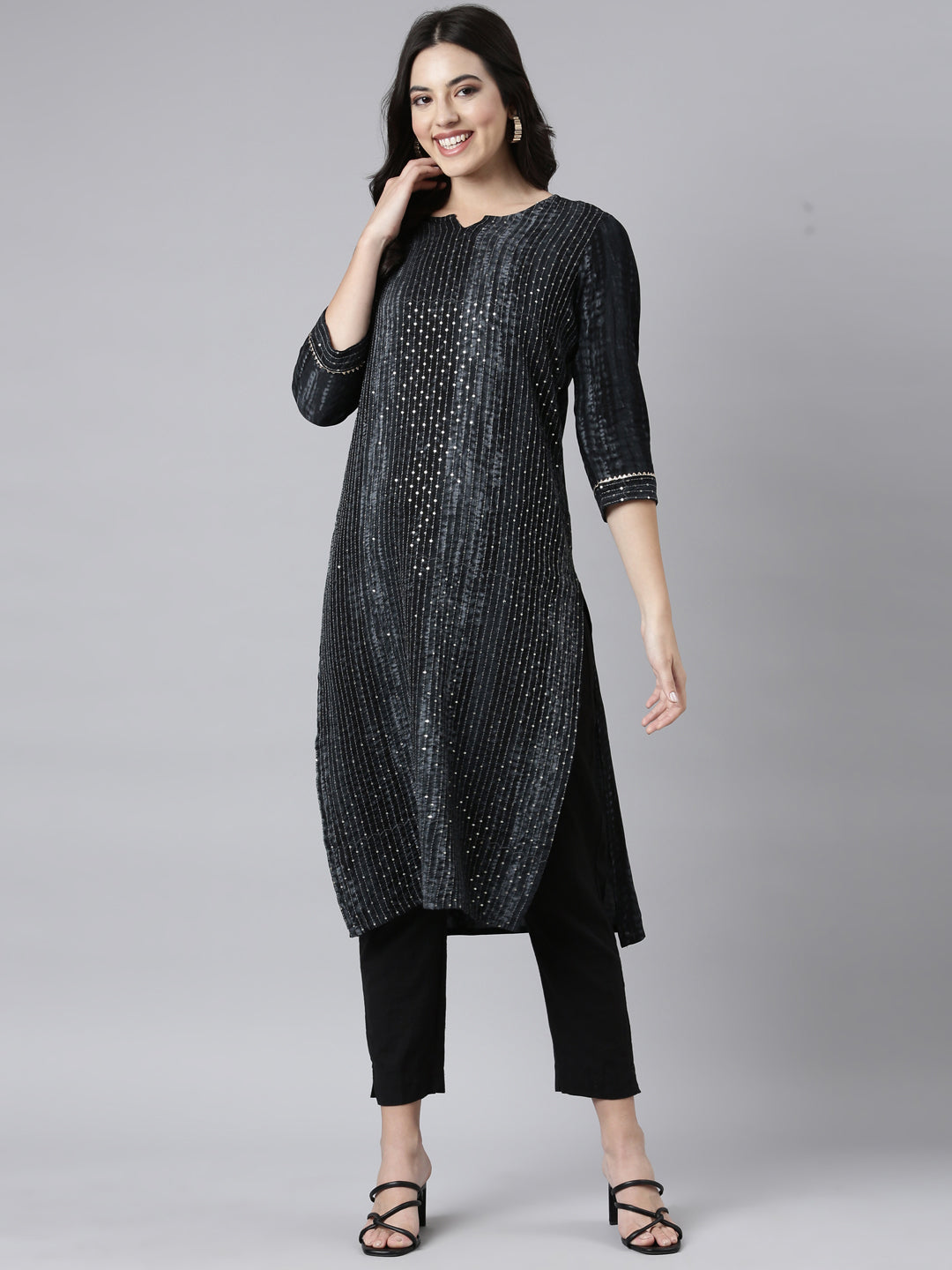 Neerus Grey Regular Straight Embellished Kurtas