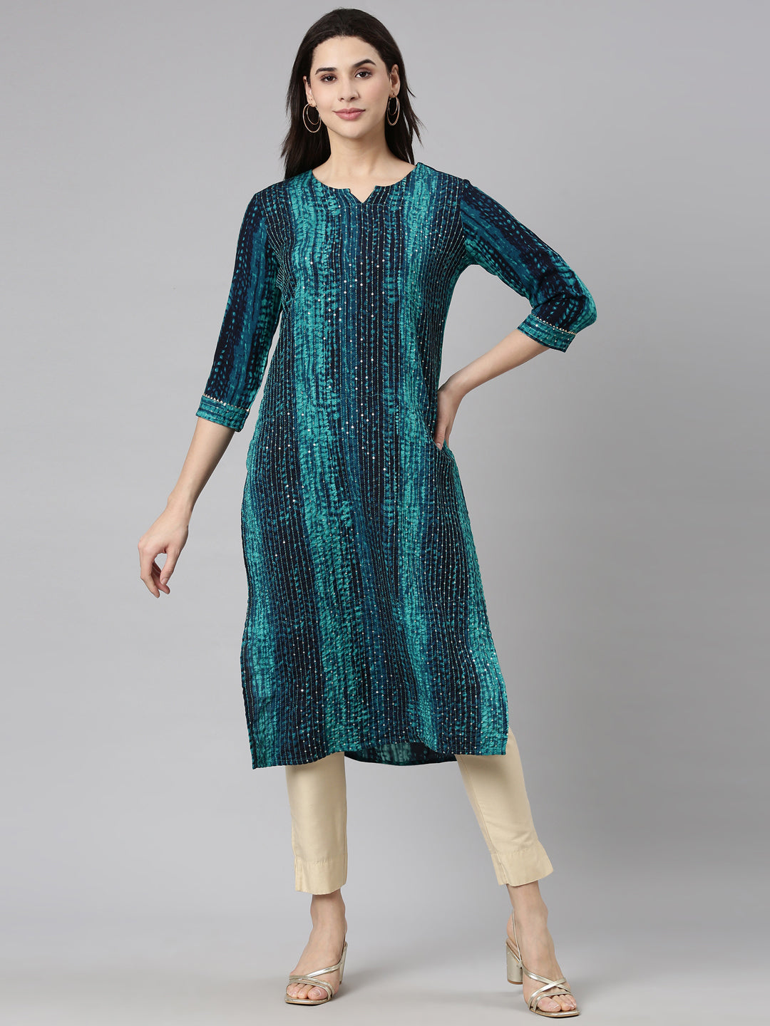 Neerus Blue Regular Straight Embellished Kurtas