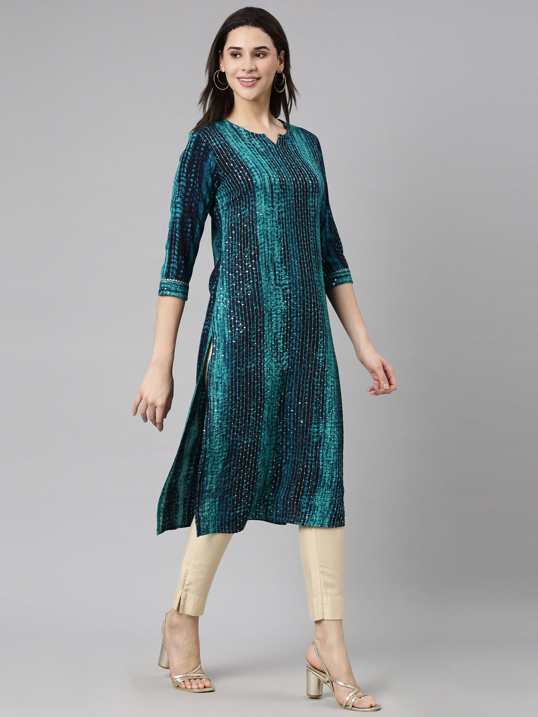 Neerus Blue Regular Straight Embellished Kurtas