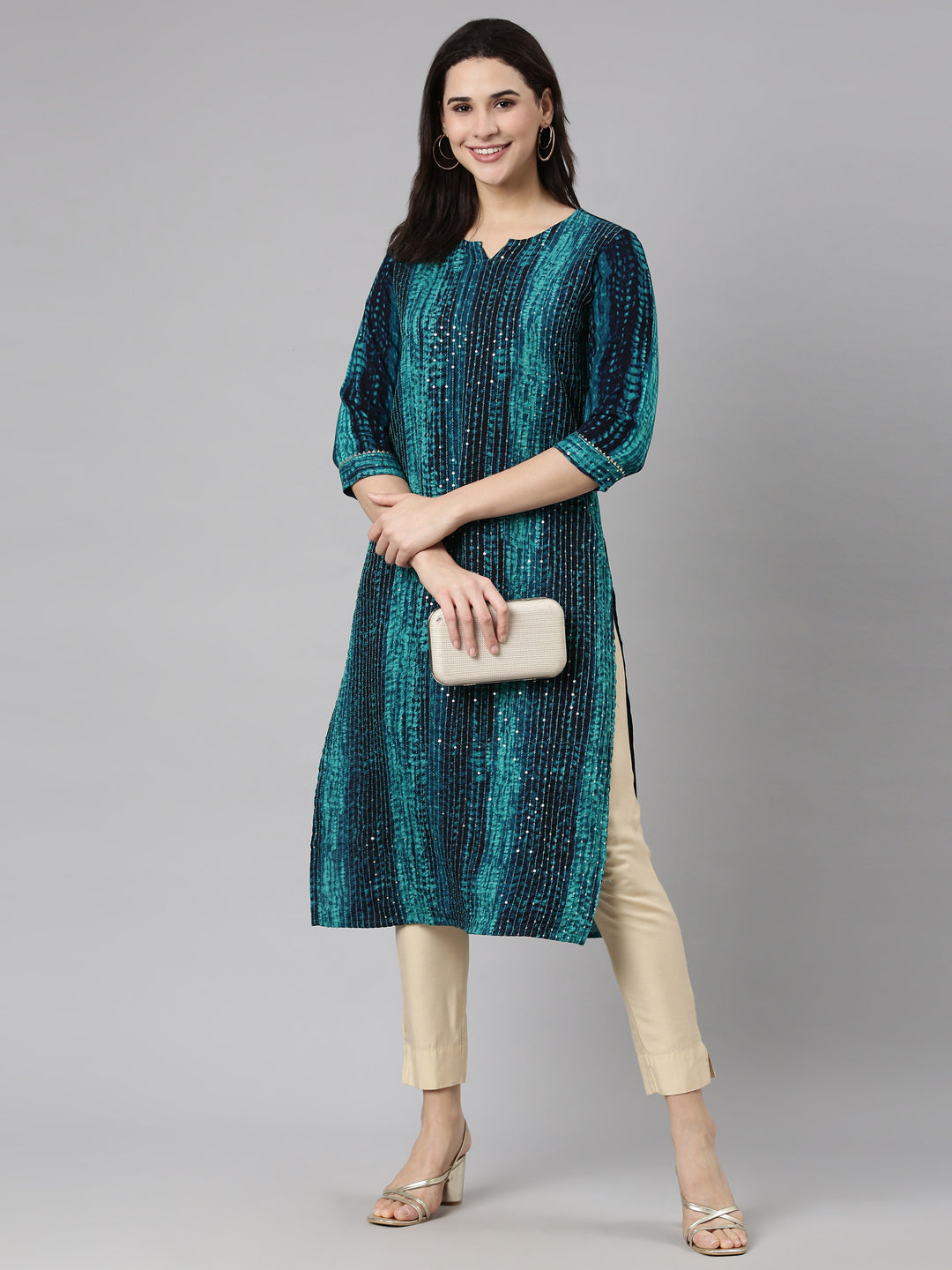 Neerus Blue Regular Straight Embellished Kurtas