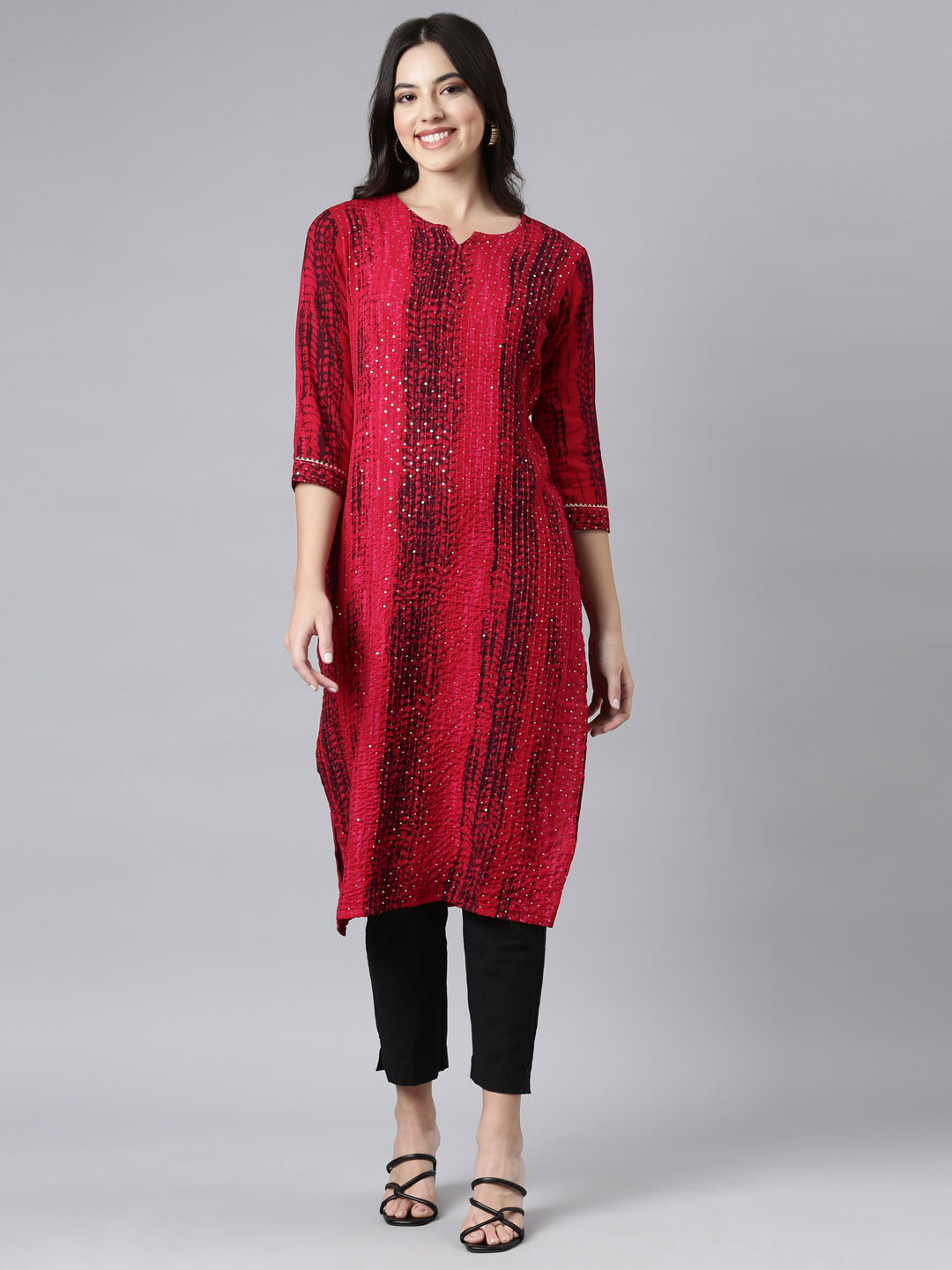 Neerus Red Regular Straight Embellished Kurtas