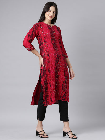 Neerus Red Regular Straight Embellished Kurtas