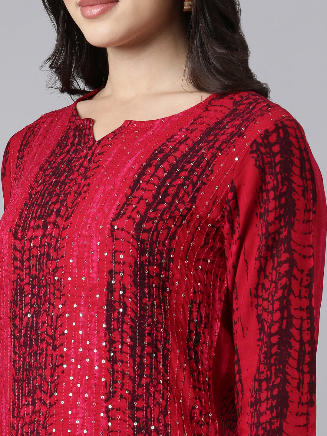 Neerus Red Regular Straight Embellished Kurtas