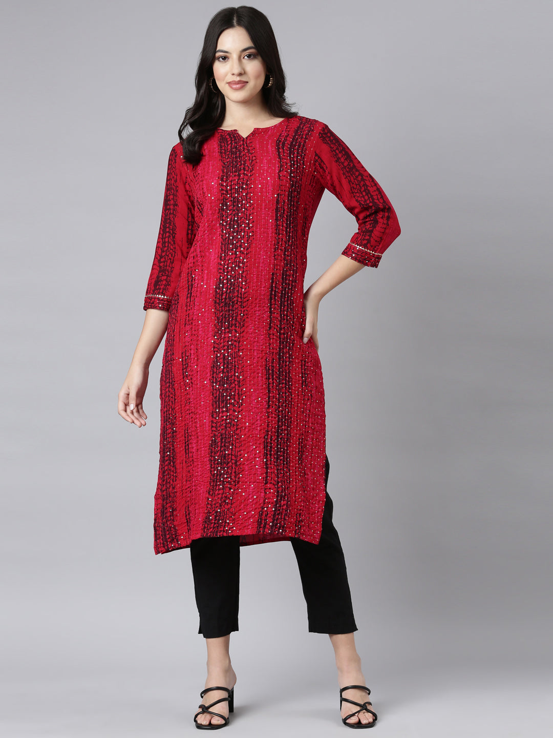 Neerus Red Regular Straight Embellished Kurtas