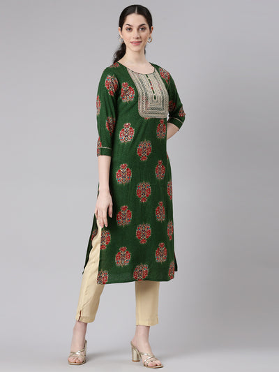 Neerus Green Straight Casual Floral Panelled Kurtas