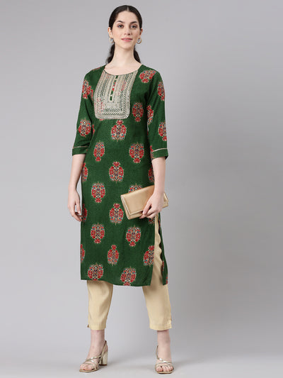 Neerus Green Straight Casual Floral Panelled Kurtas