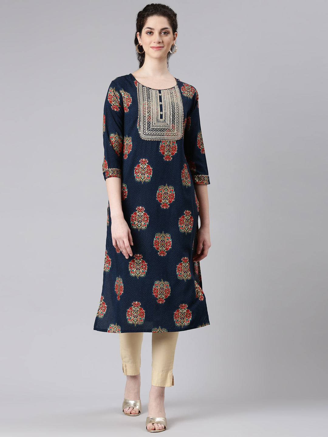 Neerus Navy Blue Straight Casual Floral Panelled Kurtas