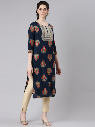 Neerus Navy Blue Straight Casual Floral Panelled Kurtas