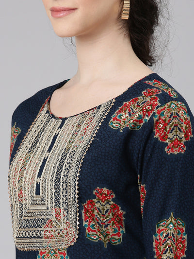 Neerus Navy Blue Straight Casual Floral Panelled Kurtas