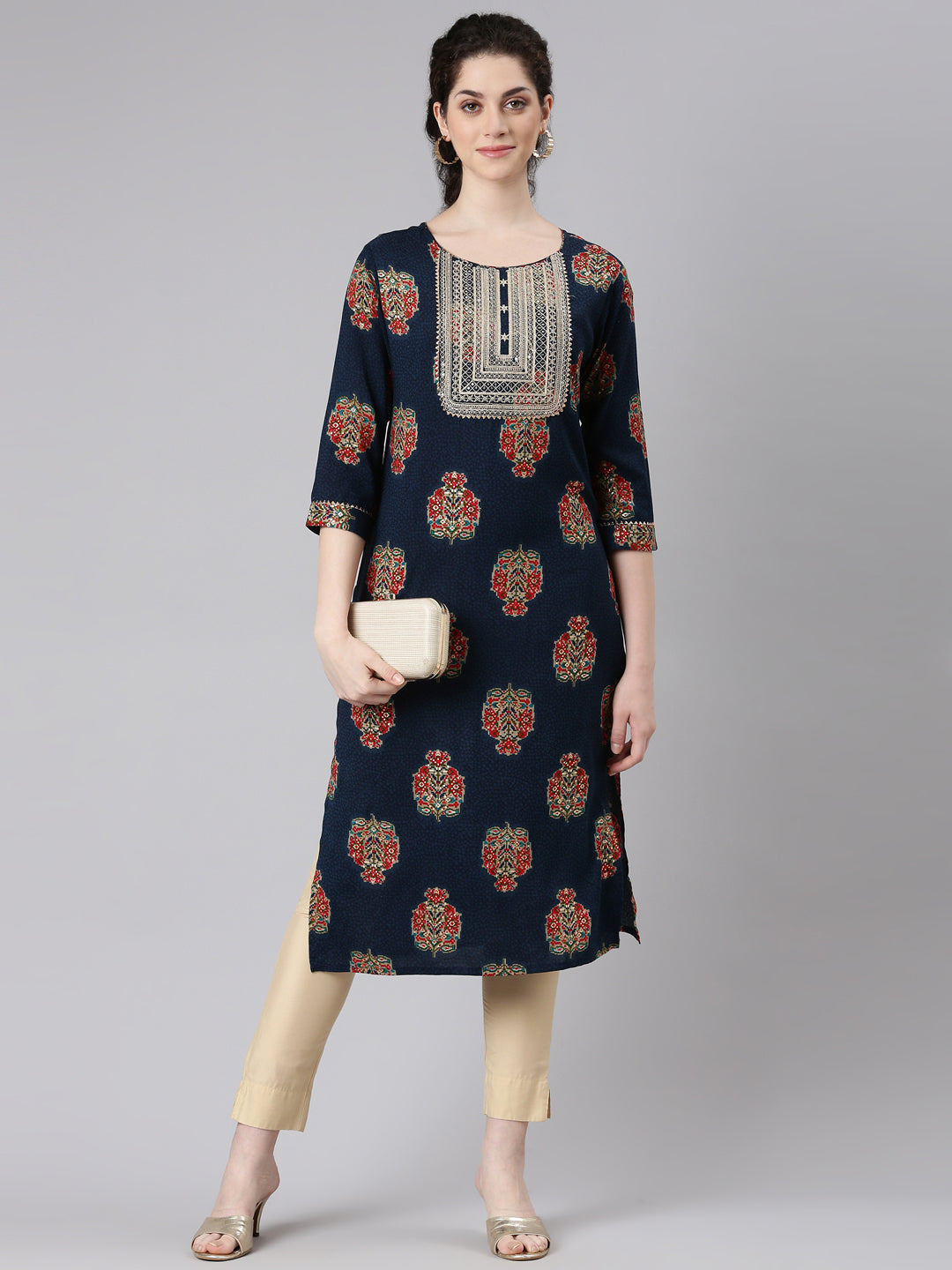 Neerus Navy Blue Straight Casual Floral Panelled Kurtas