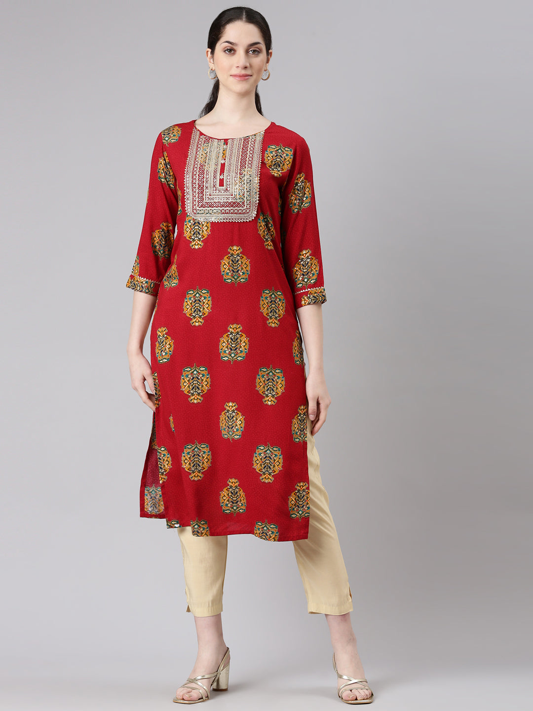 Neerus Red Straight Casual Floral Panelled Kurtas