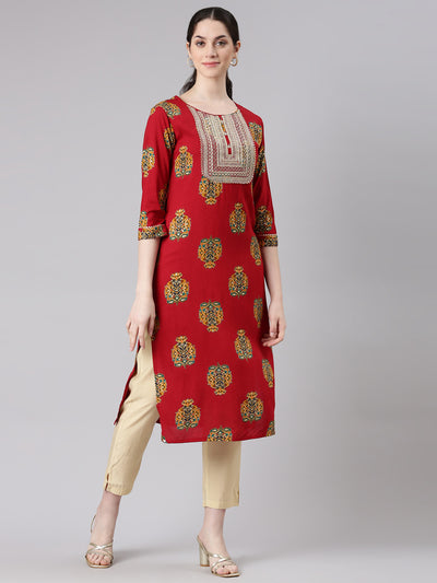 Neerus Red Straight Casual Floral Panelled Kurtas