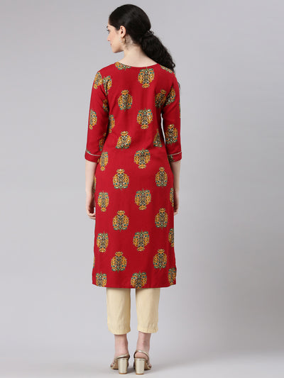 Neerus Red Straight Casual Floral Panelled Kurtas