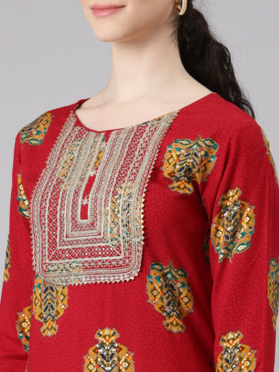 Neerus Red Straight Casual Floral Panelled Kurtas