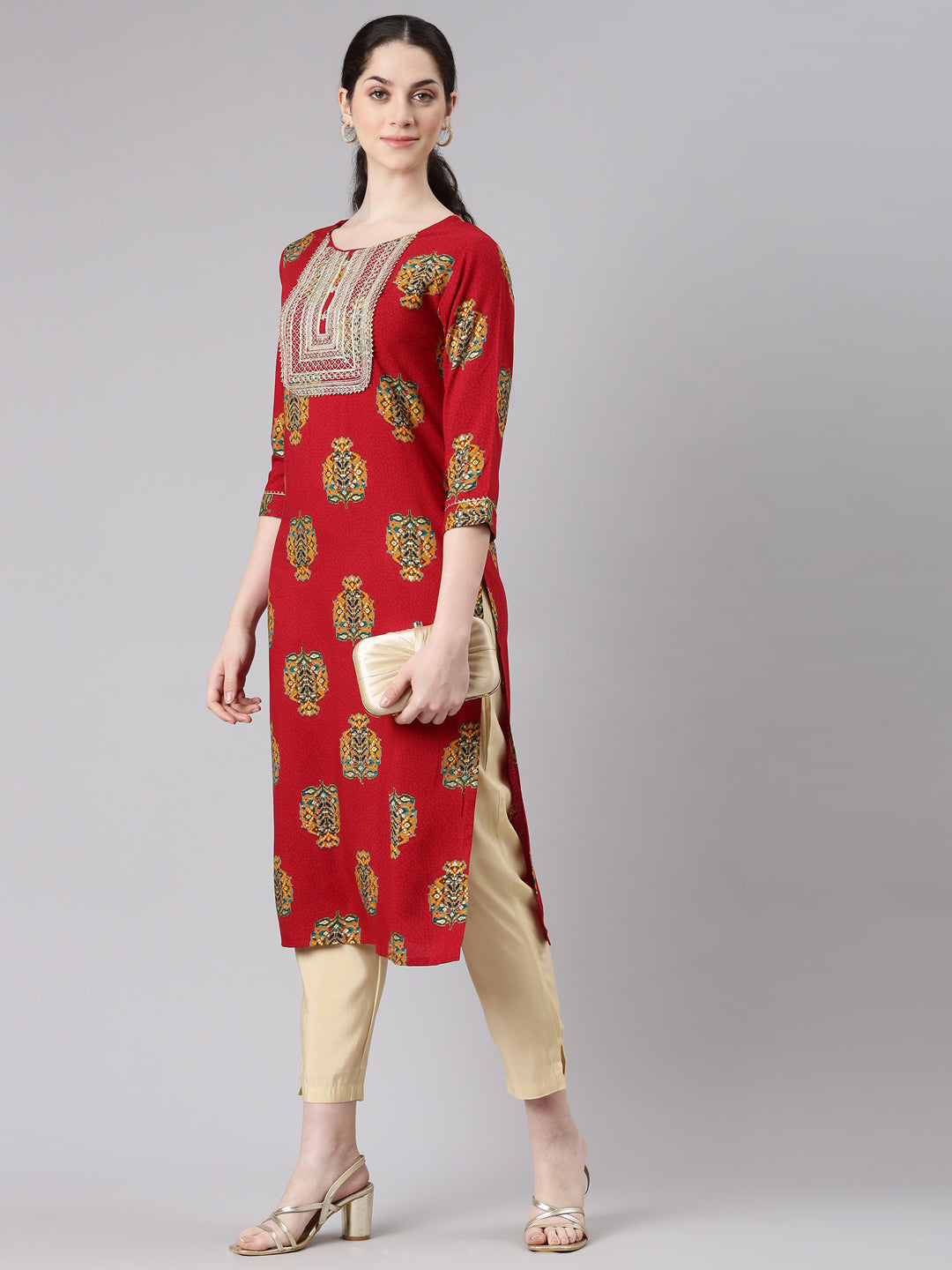 Neerus Red Straight Casual Floral Panelled Kurtas