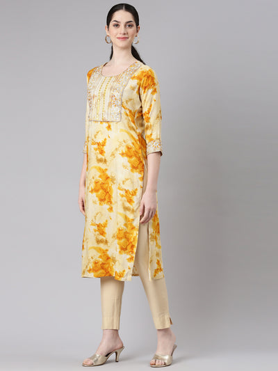 Neerus Yellow Straight Casual Panelled Kurtas