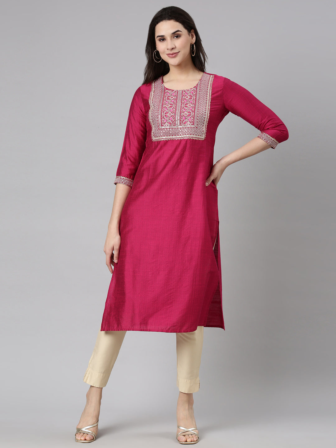 Neerus Magenta Regular Straight Solid Kurtas