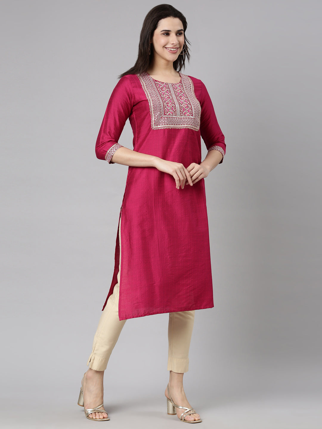 Neerus Magenta Regular Straight Solid Kurtas