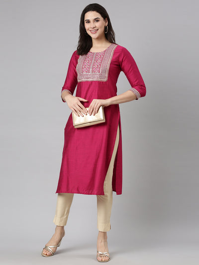 Neerus Magenta Regular Straight Solid Kurtas