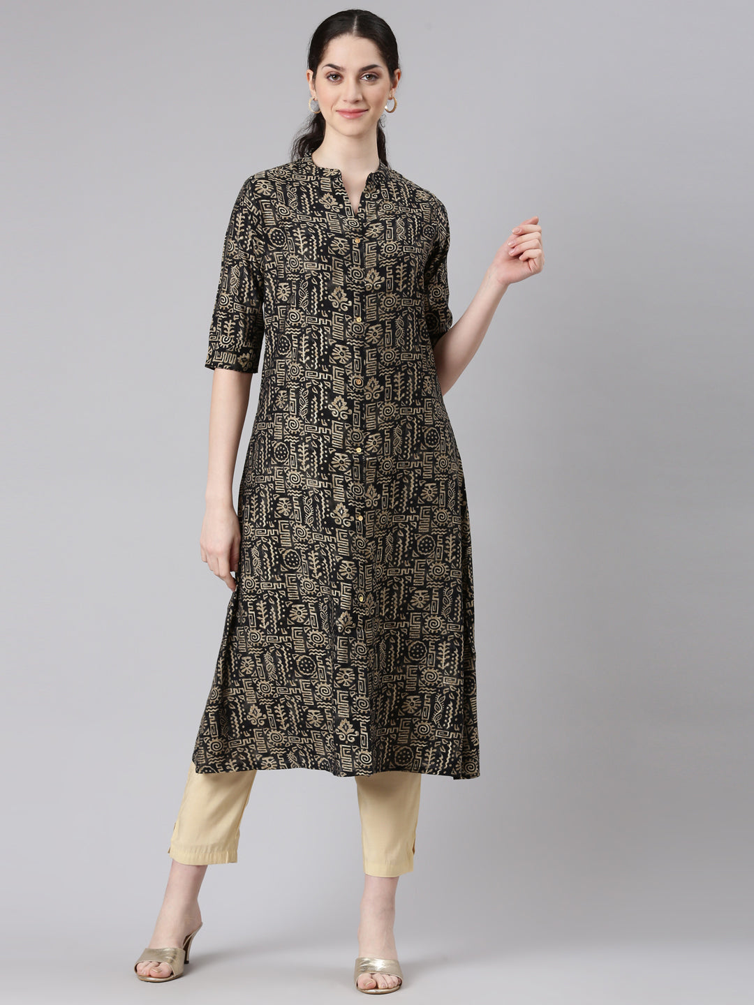 Neerus Black Straight Casual Tribal Panelled Kurtas