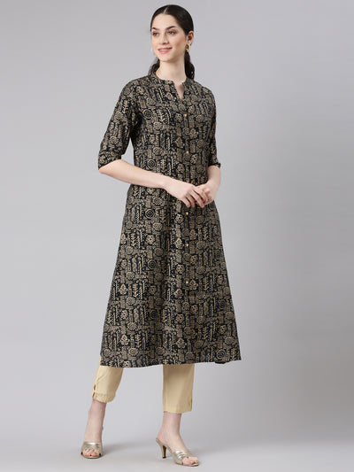 Neerus Black Straight Casual Tribal Panelled Kurtas