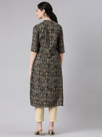 Neerus Black Straight Casual Tribal Panelled Kurtas