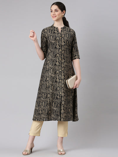 Neerus Black Straight Casual Tribal Panelled Kurtas