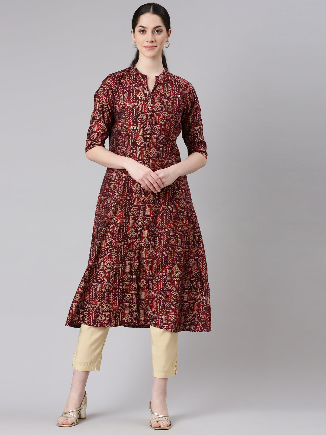 Neerus Maroon Straight Casual Tribal Panelled Kurtas